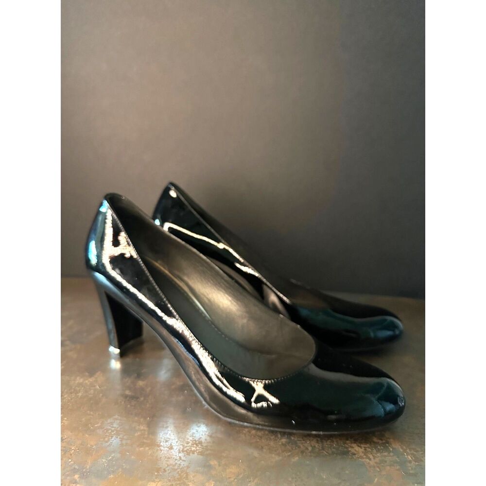 Stuart Weitzman Block Heel Pumps 10 Minimalist Wedding Formal Event Patent Black